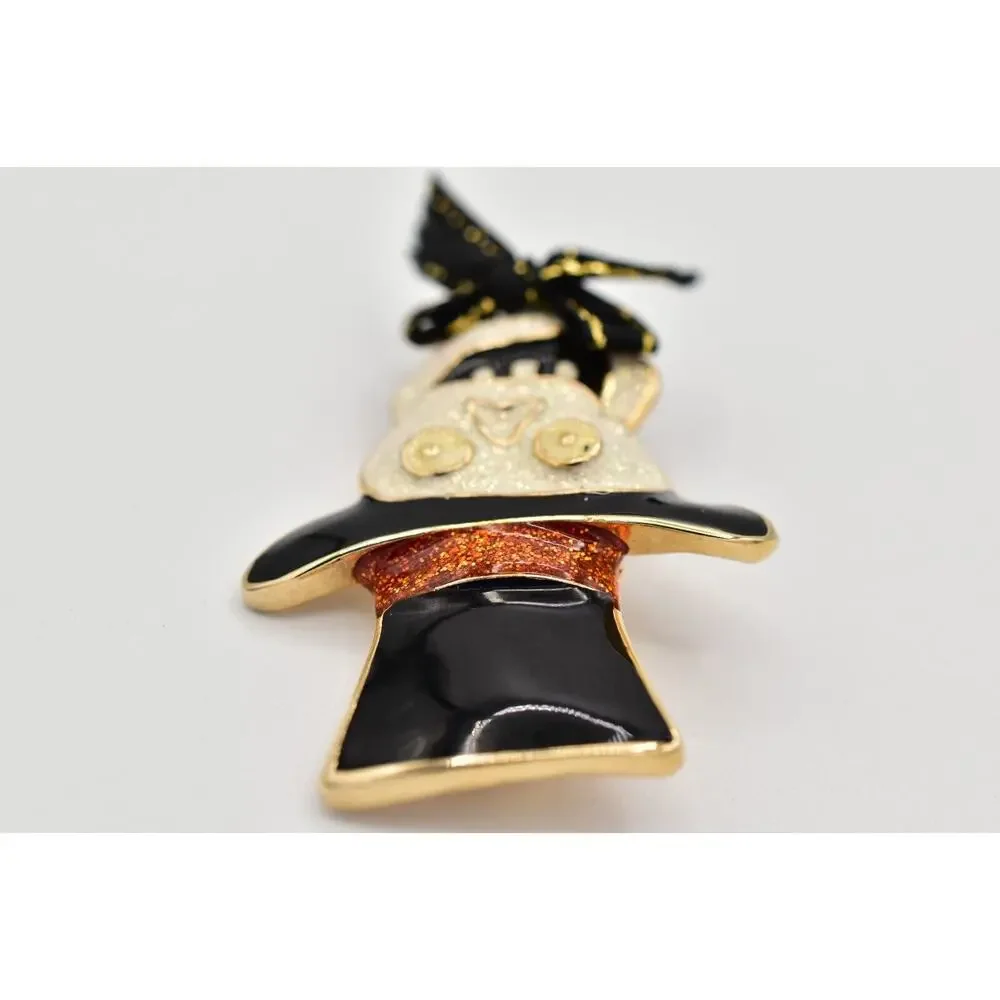 Vintage Halloween Skull Pin Brooch Skeleton Top Hat Glitter Enamel Chunky BinBA